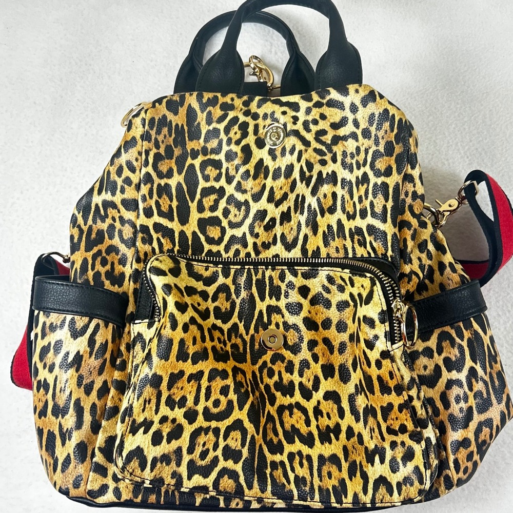Like Dreams Leopard Print Vegan Leather Backpack Gold Hardware Red Straps OS